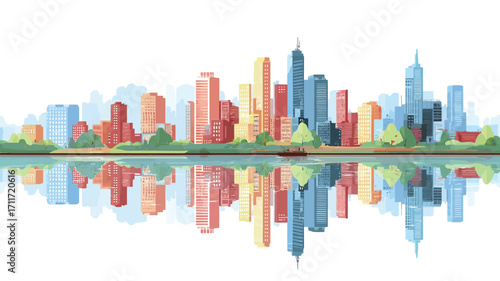 A stylized illustration depicting a colorful cityscape reflected in a body of water. The skyline consists of various heights and colors of buildings, rendered in a simplified, almost cartoonish