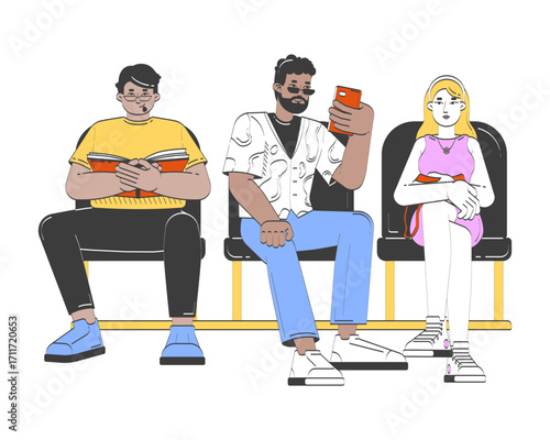 Three diverse adults sitting together in waiting area 2D doodle characters. Seated trio side by side on bench everyday cartoon people vector drawing isolated on white. Hand drawn illustration colorful
