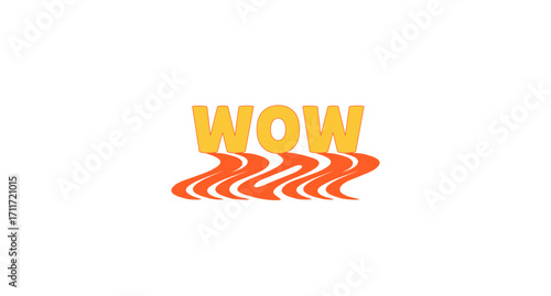 WOW interjection bold internet slang with wavy orange shadow. Shoutout reaction. Exclamation shout. Excitement, surprise. Social media buzzword. Funky reflection 70s typography. Lilita One font used