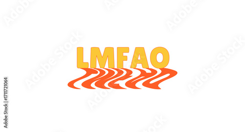 LMFAO bold internet slang with wavy orange shadow. Messaging abbreviation. Hilarious funny reaction in conversation. Social media buzzword. Funky reflection 70s typography. Lilita One font used