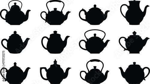 Classic Teapot Silhouette Collection, Vintage and Modern Tea Kettle Vector Icons, Kitchenware Design Elements, Black Outline Graphics, Tea Time Equipment Set, Beverage Accessories