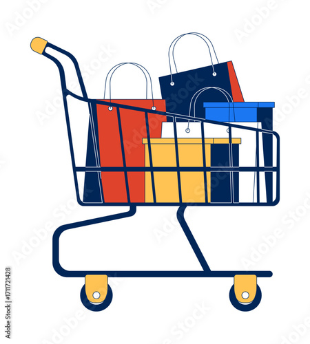 Shopping cart filled with gift bags 2D cartoon object. Retail consumerism. Shoppingbags holiday purchase. E-commerce shoppingcart isolated element flat vector clip art on white. Spot illustration