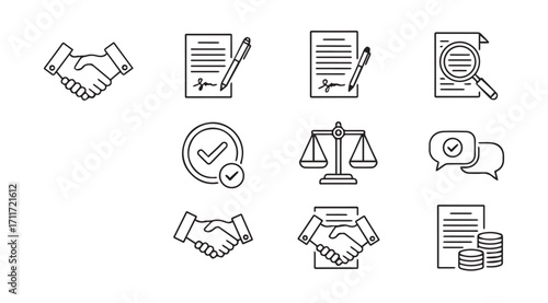 Collection of business and legal icons in a clean silhouette style