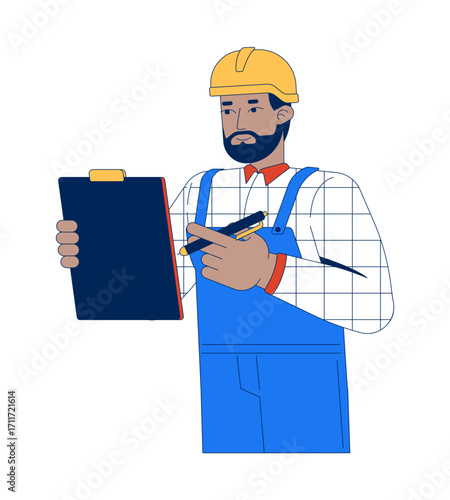 Warehouse supervisor black man with clipboard and pen 2D cartoon character. Bearded african american worker in hardhat inspection flat vector person isolated on white. Spot illustration colorful