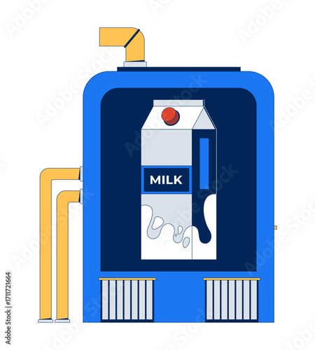 Industrial pipes vending machine with milk carton 2D cartoon object. Dairy automation dispenser. Product pipelines production isolated element flat vector clip art on white. Spot illustration