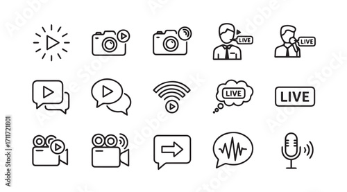 Collection of hand drawn icons representing video streaming and live broadcasting silhouette