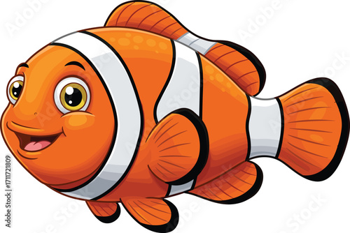 Clownfish cartoon illustration, cute orange fish, tropical marine animal, underwater life design, coral reef wildlife, ocean character, sea nature, aquarium pet