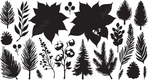 Winter foliage vector set: pine, poinsettia, cotton, and berry silhouettes eps