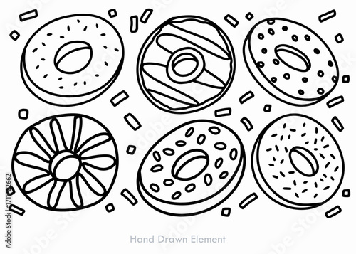 A black and white illustration of six delicious donuts with varied toppings and sprinkles.