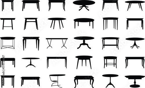 Collection of diverse table silhouettes, various shapes and designs, wooden and modern tables, furniture icons, interior decor elements, isolated black vector,