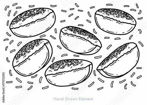 Hand-drawn illustration of six oval-shaped pastries, scattered with small sprinkles.
