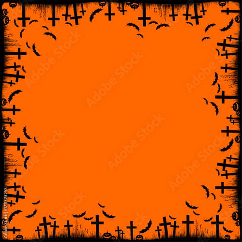 Happy Halloween! Black silhouettes of tombstones, crosses and gravestones. Elements of cemetery. Graveyard panorama. Halloween party scary background.  Vector illustration