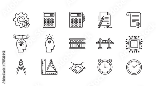 Collection of business and technology icons in a sketchy silhouette style