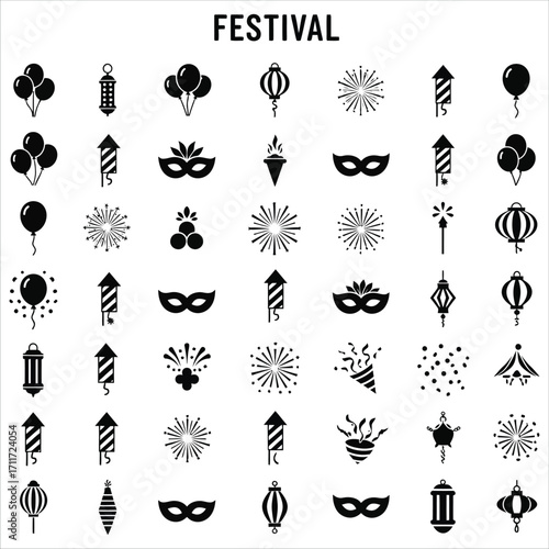 Festive Vector Icons Set Balloons, Fireworks, and Masks for Celebrations