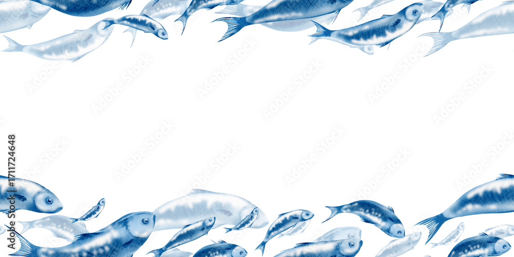Fototapeta premium Sardine fish in horizontal seamless template swimming in a shoal stylized watercolor illustration in monochrome blue and white for fish restaurants, websites, posters, fish markets and stores
