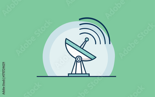 Flat design illustration of a satellite dish transmitting signals within a circular frame against a green background