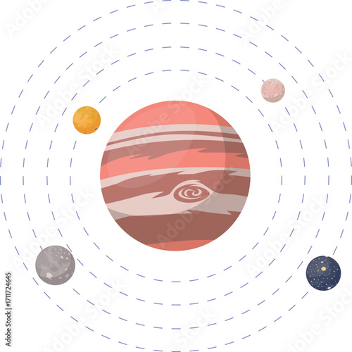 Vector cartoon flat illustration of planet Jupiter and its biggest moons (Europa, Callisto, Ganymedes, Io).