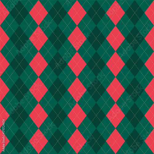 Christmas rhombus seamless pattern. Red and green xmas plaid texture with gold line. Argyle geometric diamond pattern. Christmas abstract design wrapping bg. Vector illustration isolated on background