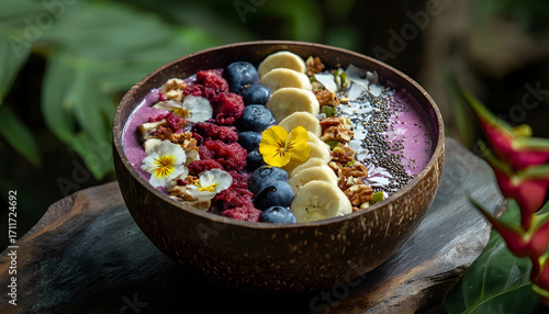 Wallpaper Mural Superfood smoothie bowl topped with fresh fruits in a Bali jungle, tropical wellness dining, colorful health foods Torontodigital.ca