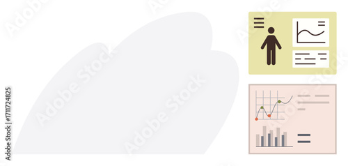 Person icon with a line chart and text blocks paired alongside bar and line graphs for data analysis. Ideal for analytics, business reports, minimal design, presentations, corporate storytelling