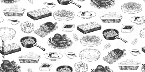Seamless pattern with Thanksgiving dishes. Prepared holiday food in sketch style. Engraving background of roast turkey, pecan pie, pumpkin pie, stuffing, cornbread, roast beef, cranberry sauce