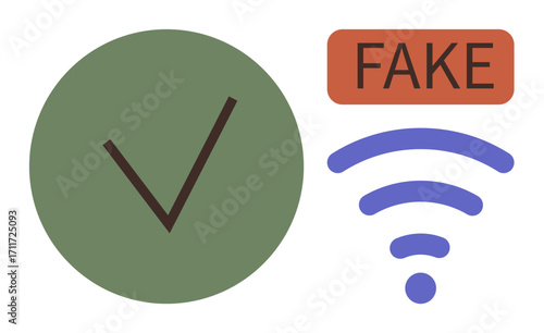 Green checkmark symbolizing authenticity beside FAKE label and wireless signal. Ideal for online security, trust, authentication, verification, communication, fraud awareness, and network safety