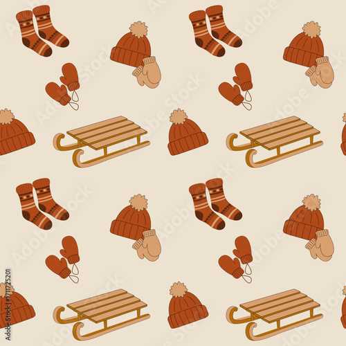 Vector seamless pattern with winter elements. Cute illustration of sledges, warm knitted socks, mittens and woolen hats. Cozy holiday design on soft beige background.