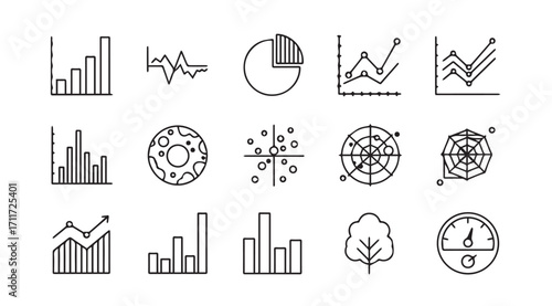Collection of hand drawn silhouette icons representing various data visualization charts and graphs