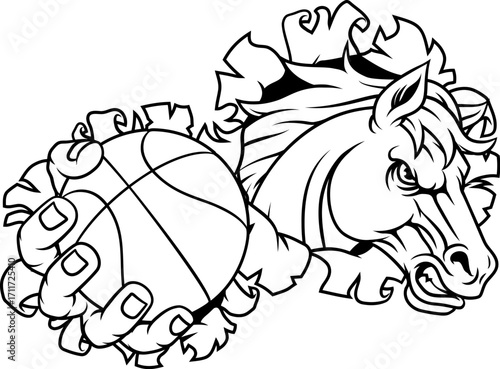 Horse mustang bronco stallion basketball angry sports team mascot holding a ball.