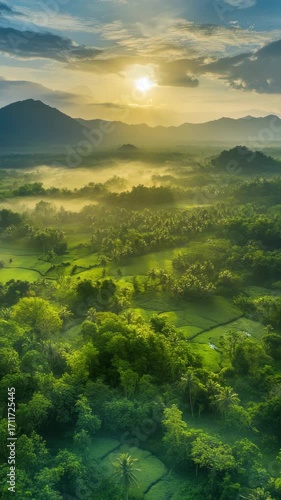 A tranquil rural scene with rolling hills, lush greenery and a peaceful sunset. The captures the beauty of nature with fog in the distance and a clear sky above.