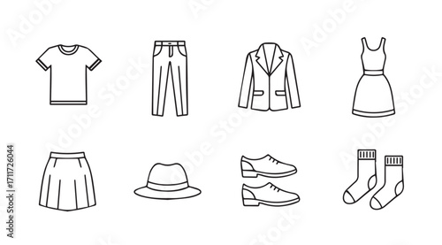 Collection of clothing items and accessories in a simple line drawing silhouette