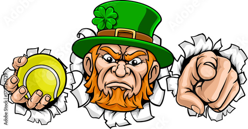 An angry Leprechaun Celtic Irish cartoon character holding Tennis ball and pointing sports team mascot illustration.