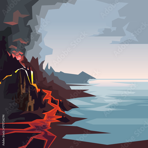 Volcanic island with medieval castle surrounded by ocean - geometric low-poly fantasy landscape vector illustration with lava and dramatic sky.