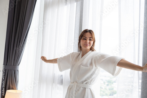 Free Download Happy Caucasian woman with towel in bedroom   - GFXLoad