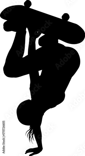 A skateboard woman or girl female skateboarder in silhouette.