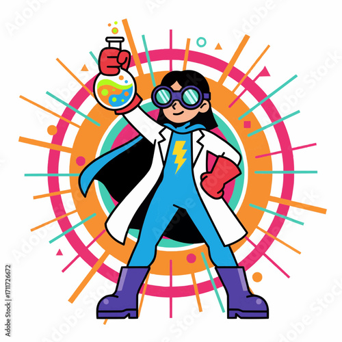 A girl strikes a superhero pose wearing a lab coat, cape and goggles, holding a beaker of glowing liquid.