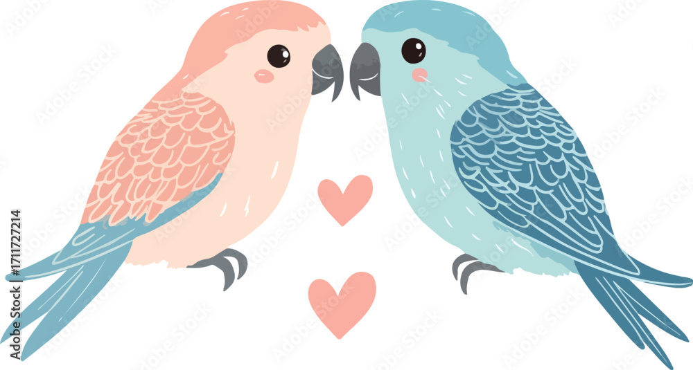 Obraz premium Two adorable cartoon lovebirds facing each other with small pink hearts symbolizing romance and affection