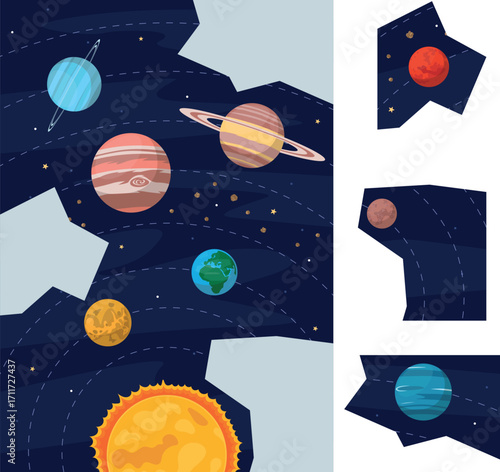 Matching game for kids with map of space with planets and sun. Vector cartoon flat illustration of Solar System.