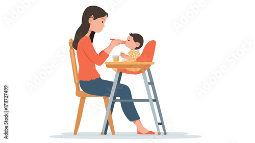 A vector illustration depicting a mother feeding her baby in a high chair. The style is simple, cartoonish, and colorful, using flat design principles.  The mother has long brown hair and is
