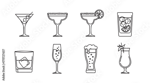 Collection of various cocktail and drink glasses in a hand drawn silhouette style