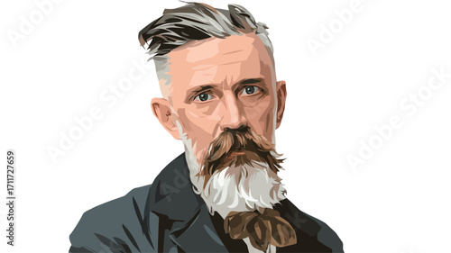 A close-up, stylized vector portrait of an older man with a prominent white beard and gray hair styled upwards.  The man has a serious expression. The illustration style is somewhat low-poly or