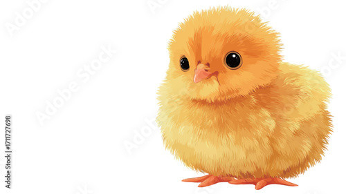 Close-up shot of a small, fluffy yellow chick against a white background. The chick is positioned slightly off-center, facing towards the viewer.  Its features are highly detailed, showing its