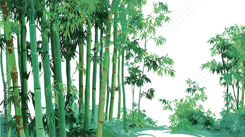 The image is a digital illustration depicting a dense bamboo forest.  The bamboo stalks are tall and slender, predominantly various shades of green.  The leaves are lush and detailed