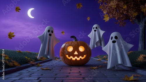Whimsical Halloween night with glowing carved pumpkin, floating ghosts, falling autumn leaves, and crescent moon under deep purple sky