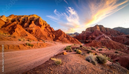 Scenic Desert Landscape with Red Rock Formations against a Dramatic Sky at Golden Hour