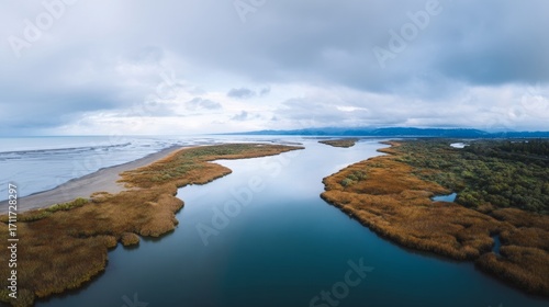 Serene azure estuary meanders between golden marshes, invoking Wetlands Day reflections, ecological whispers, and misty autumnal equinox musings