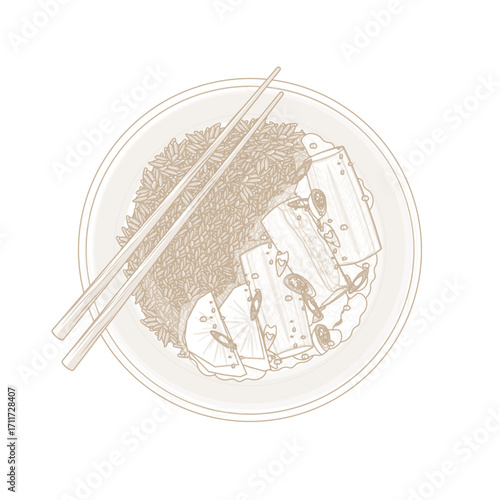 Vector Illustration Logo Line art Top View Galchi Jorim with Rice