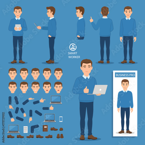 Business man character constructor for animation. Front, side and back view set. Body parts, postures, poses collection. Vector illustration.