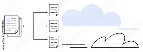 Stack of documents connected to multiple files and a cloud icon representing data sync and storage. Ideal for digital file management, cloud computing, organization, data sharing, teamwork, network