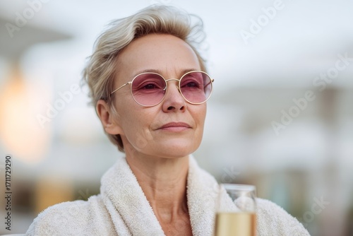 Serene, sun-kissed Caucasian woman in rose-tinted glasses enjoys bubbly contemplation; suggests International Spa Day and Velvet Season tranquility